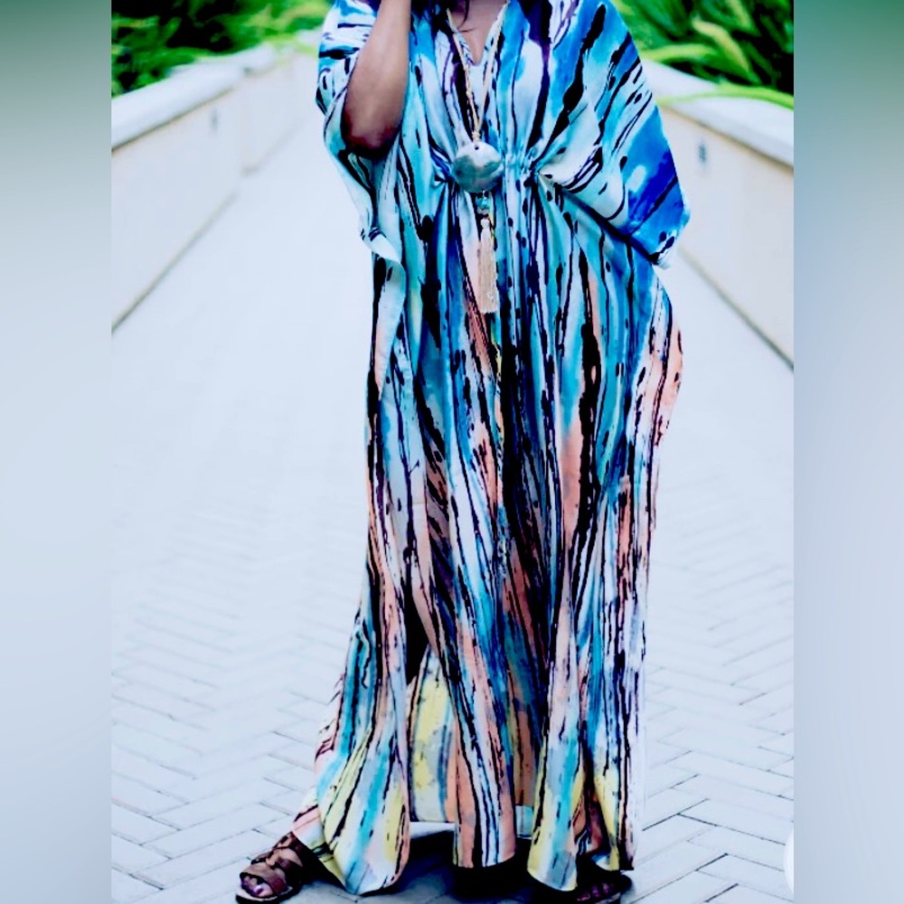 Deadstock Winlar Caftan Waterfall of blue empire waist with drawstring